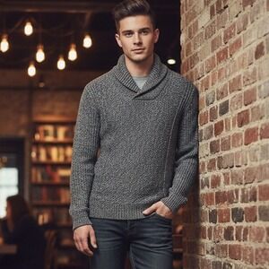 American‎ Rag Medium Shawl Collar 100% Cotton Gray Heather Ribbed Sleeve Sweater